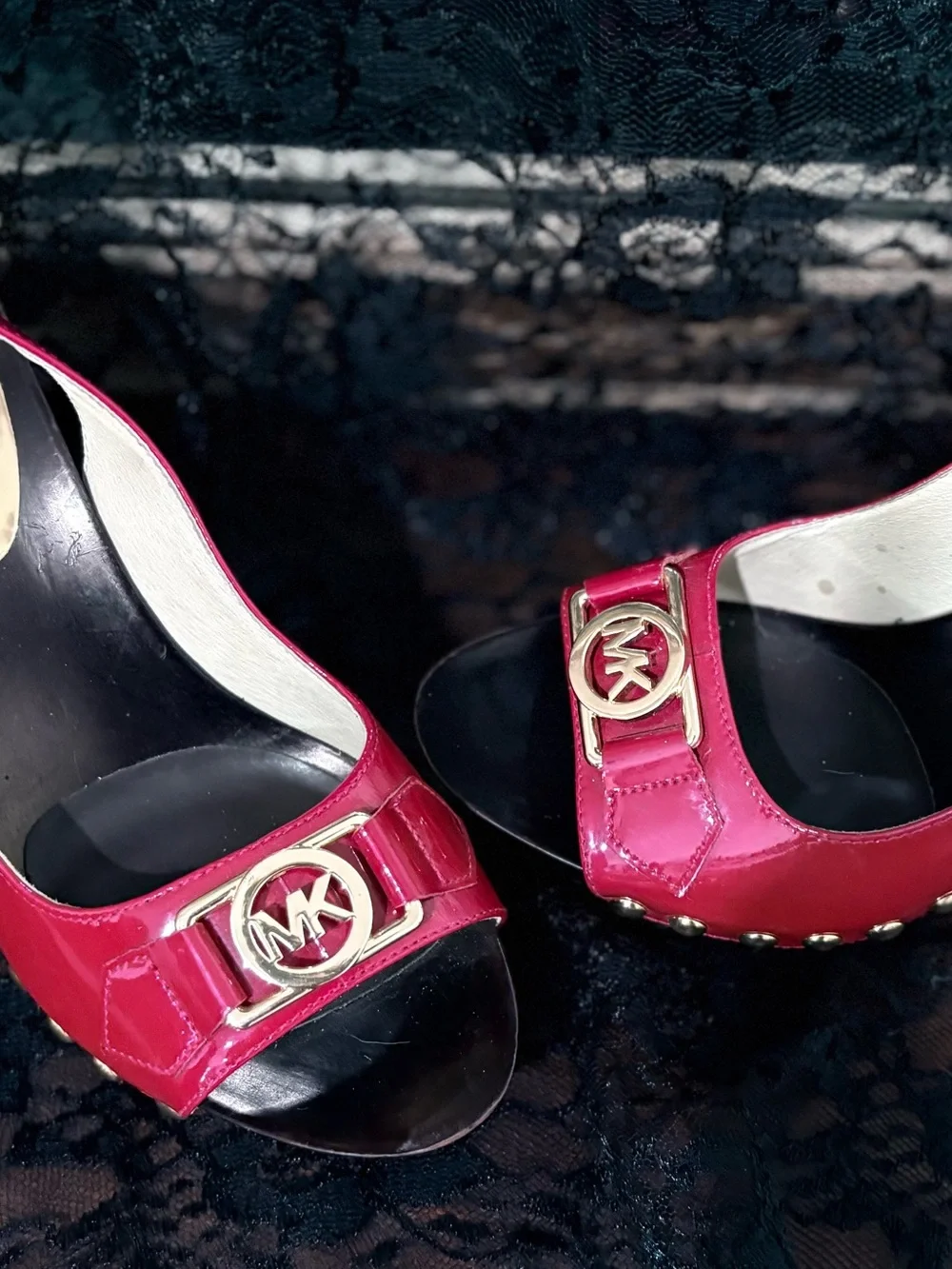 Size 5 Michael Kors Glossy Red  Patent MK Logo Slide Sandals